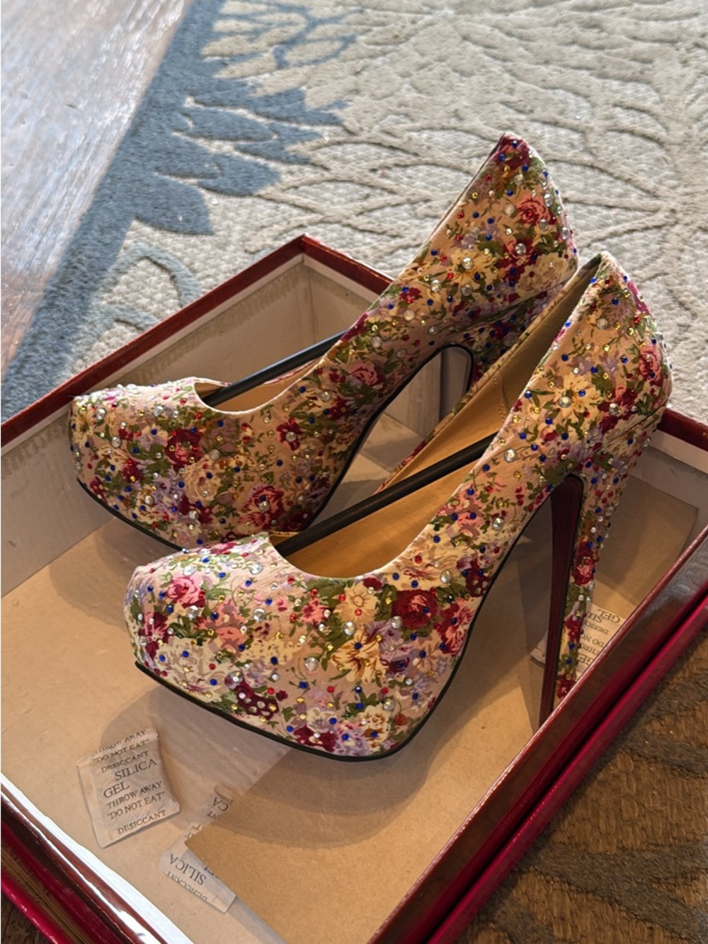 Floral Embellished Platform Pumps - Beige Multi